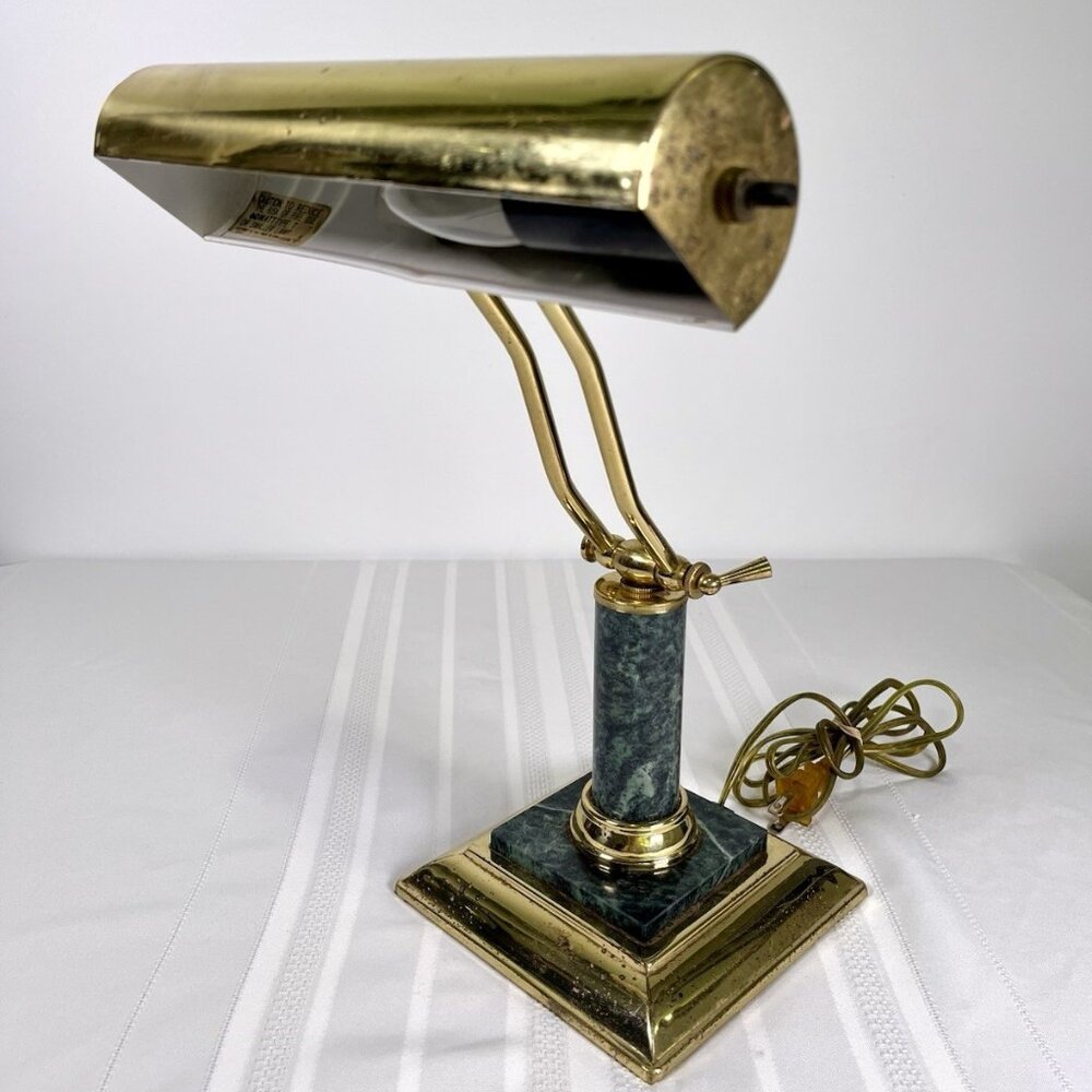 Vintage Brass & Faux Marble Bankers Desk Lamp Midcentury Hollywood Office *READ